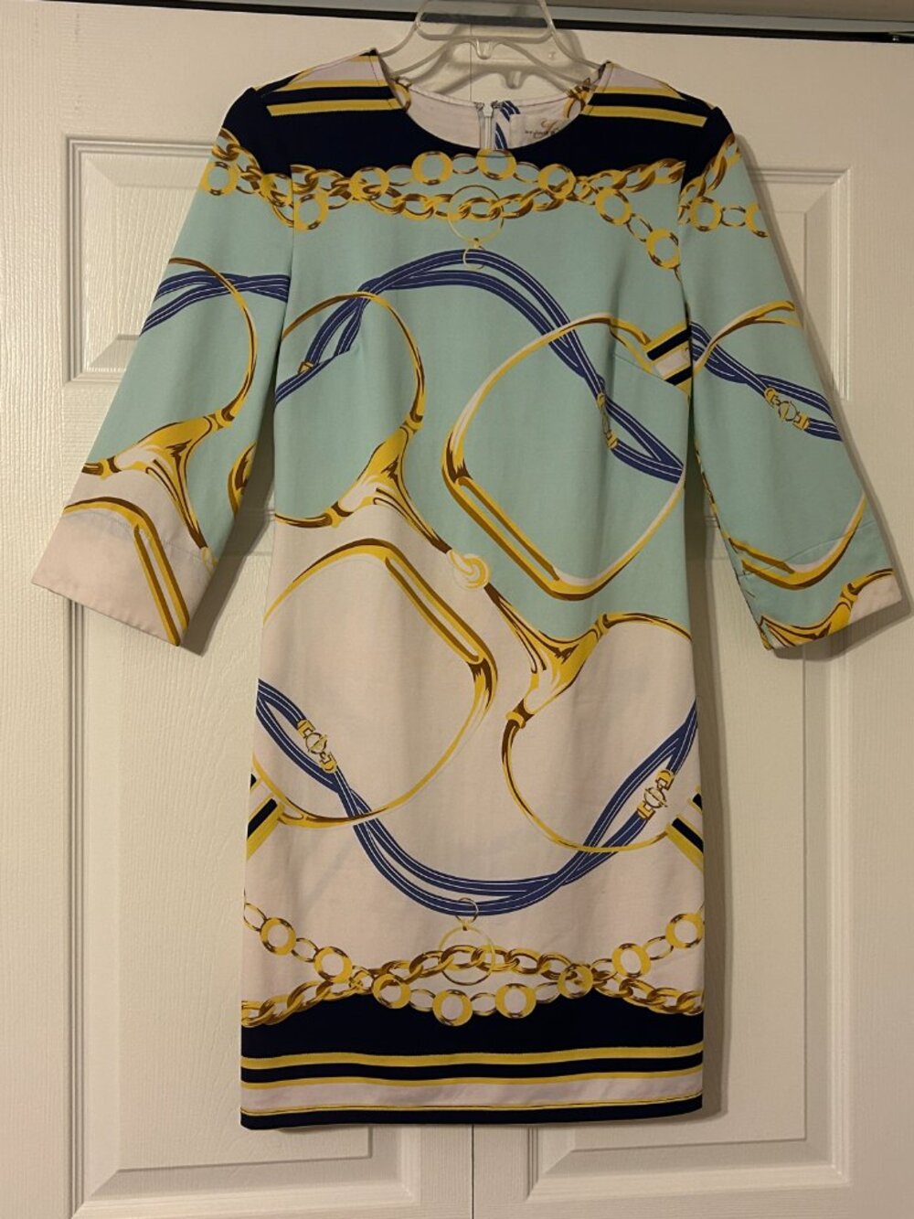JULIE BROWN Sz S Multi-Color Equestrian Horse Bit Chain Print 3/4 Sleeve Dress